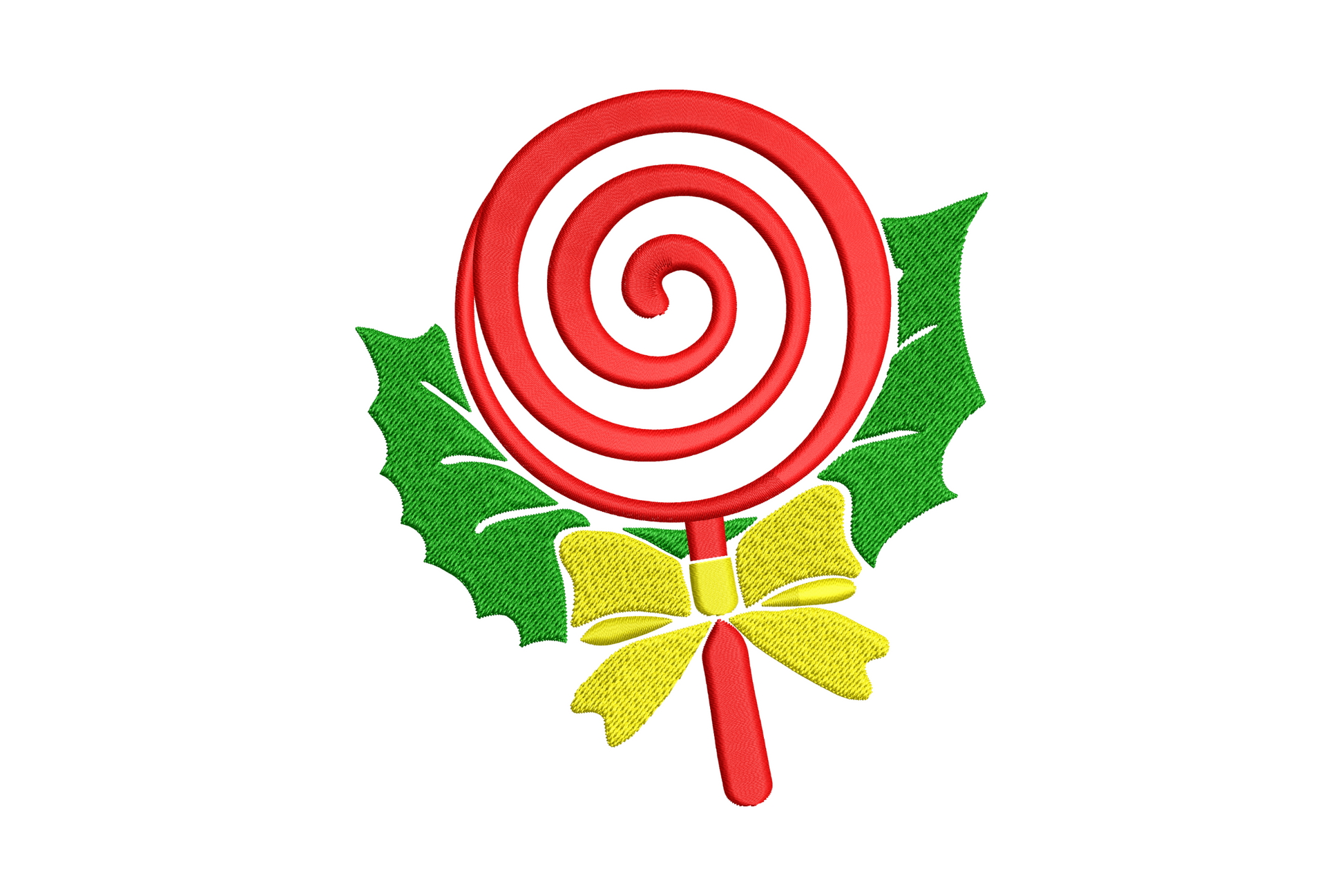 Christmas lollipop with red white spiral, green holly leaves and yellow bow, 3 colors, 5 sizes