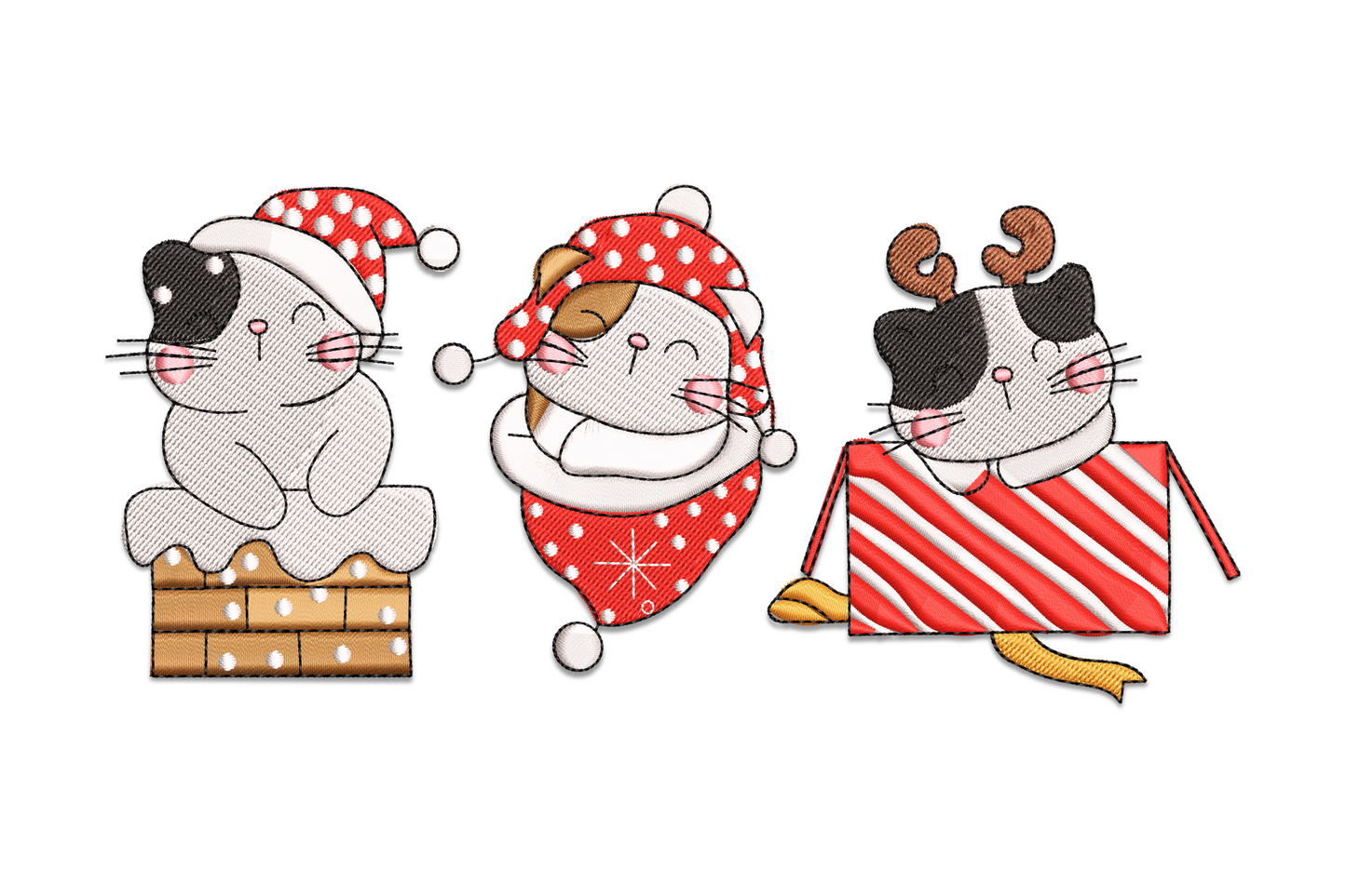 Machine embroidery design of two round cartoon cats in holiday hats beside a striped gift box, warm sketchy line style in 8 colours.
