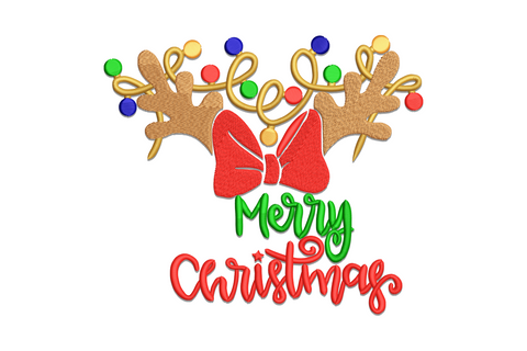 Two cartoon reindeer with Christmas light garland between antlers, red bow center, Merry Christmas script in green and red