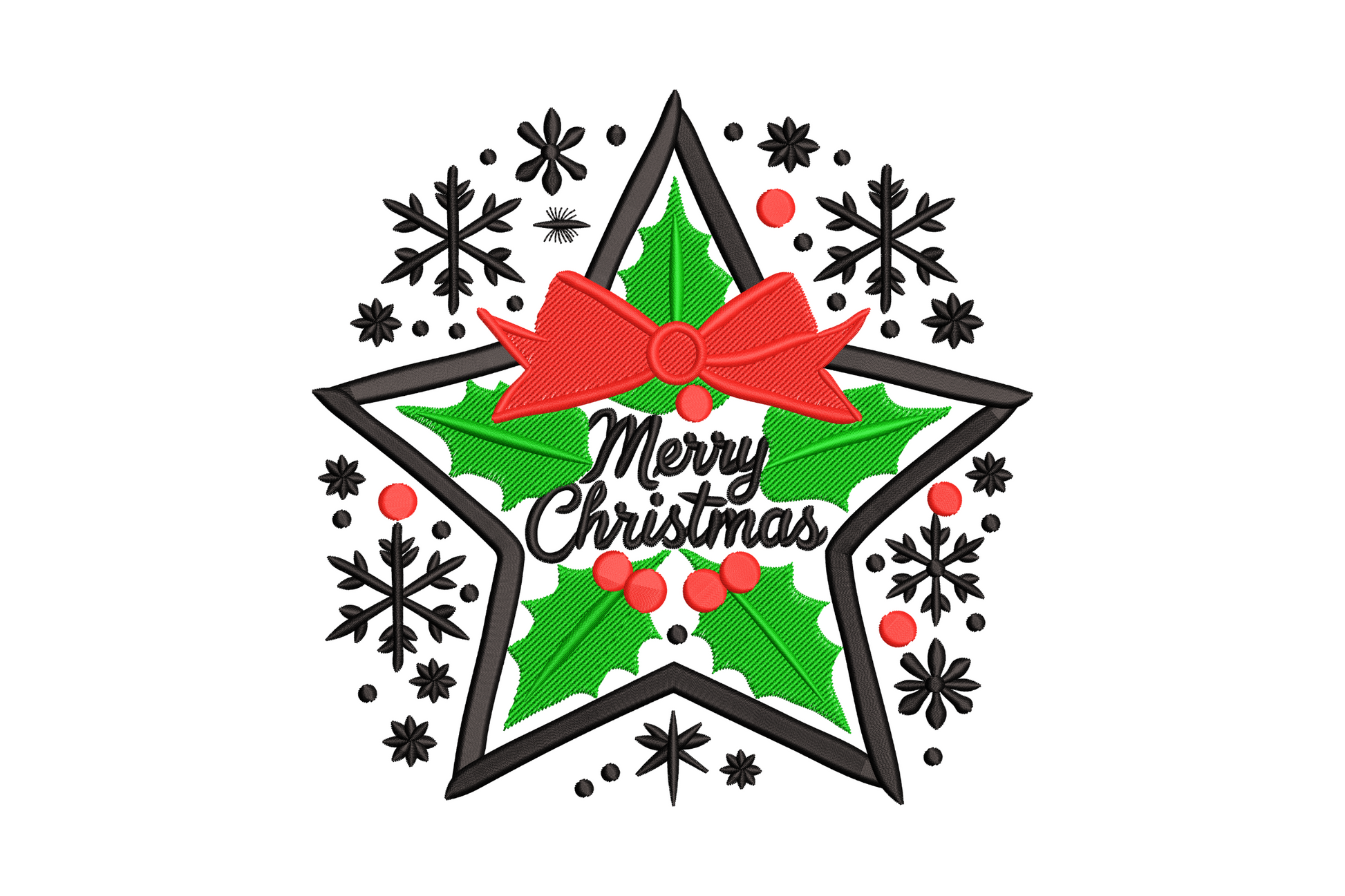 Christmas star embroidery design with holly, red bow and Merry Christmas script, black satin outline, snowflakes around border