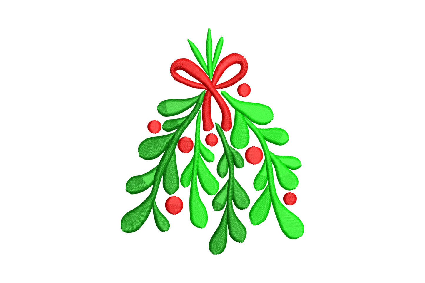 Festive mistletoe bow embroidery design with forest green leaves, cream berries, and full cherry red satin bow in a compact traditional Christmas vignette.