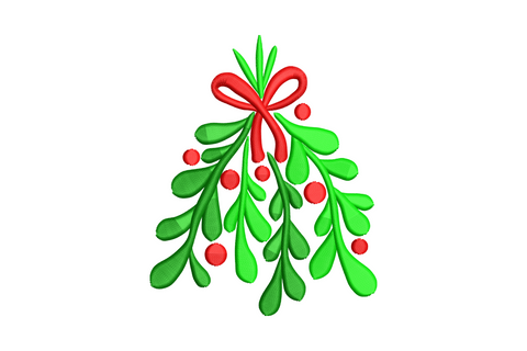 Festive mistletoe bow embroidery design with forest green leaves, cream berries, and full cherry red satin bow in a compact traditional Christmas vignette.