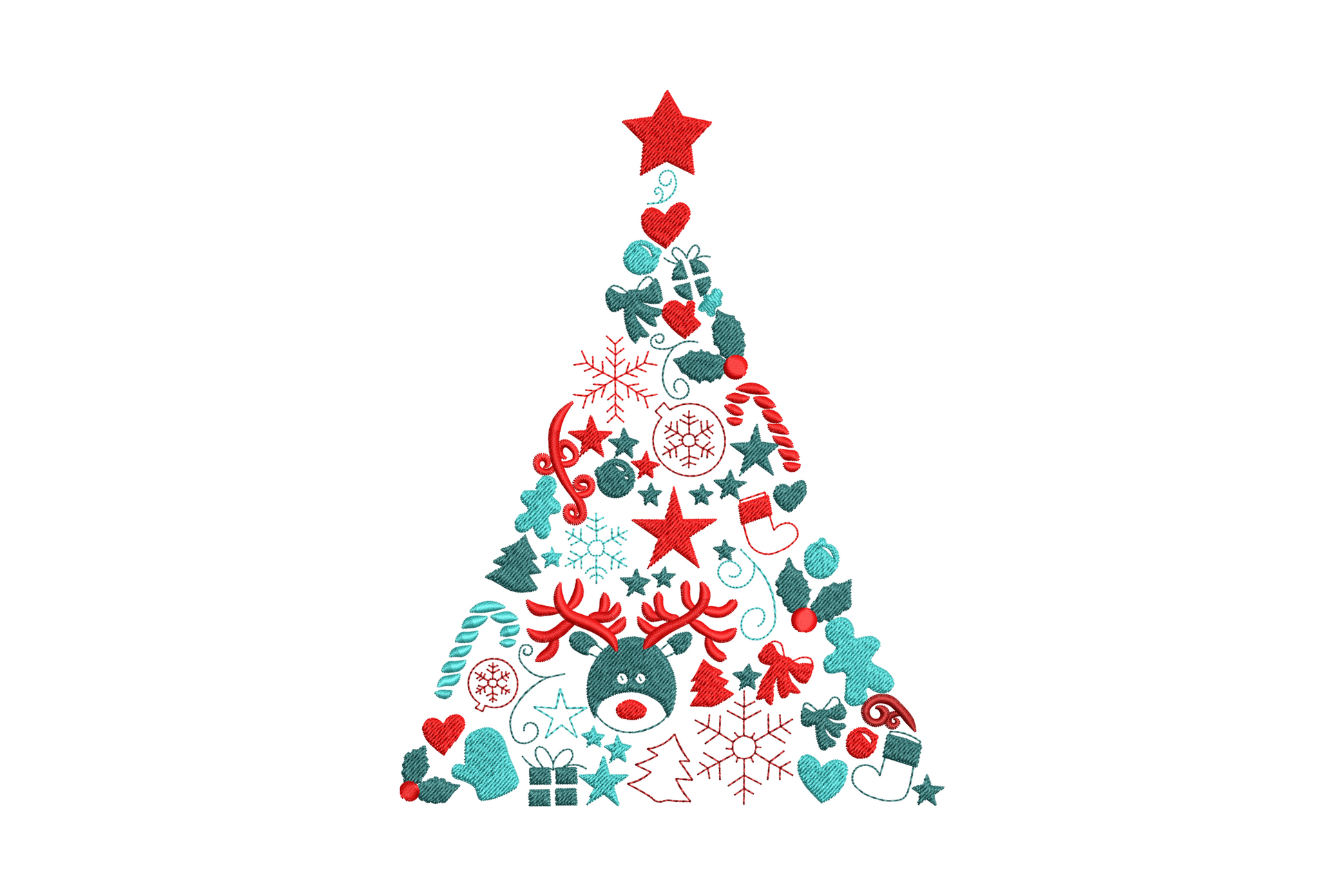Festive ornament Christmas tree embroidery from holiday icons: reindeer, snowflakes and candy canes in red and teal
