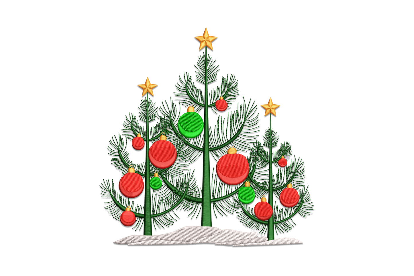 Three decorated pine trees embroidery design with red and green ornaments, gold stars and snow base, christmas holiday machine embroidery pattern