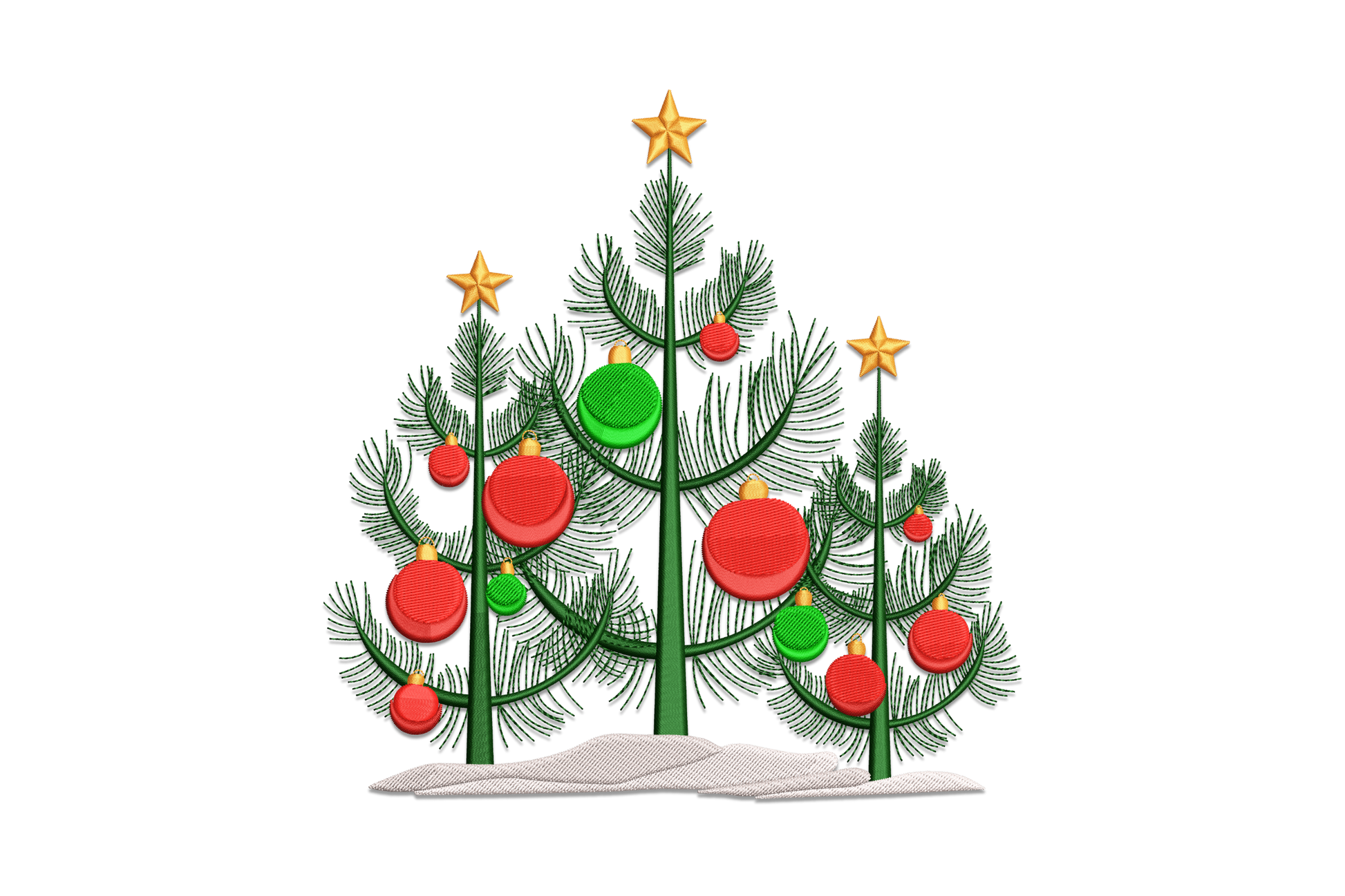 Three decorated pine trees embroidery design with red and green ornaments, gold stars and snow base, christmas holiday machine embroidery pattern