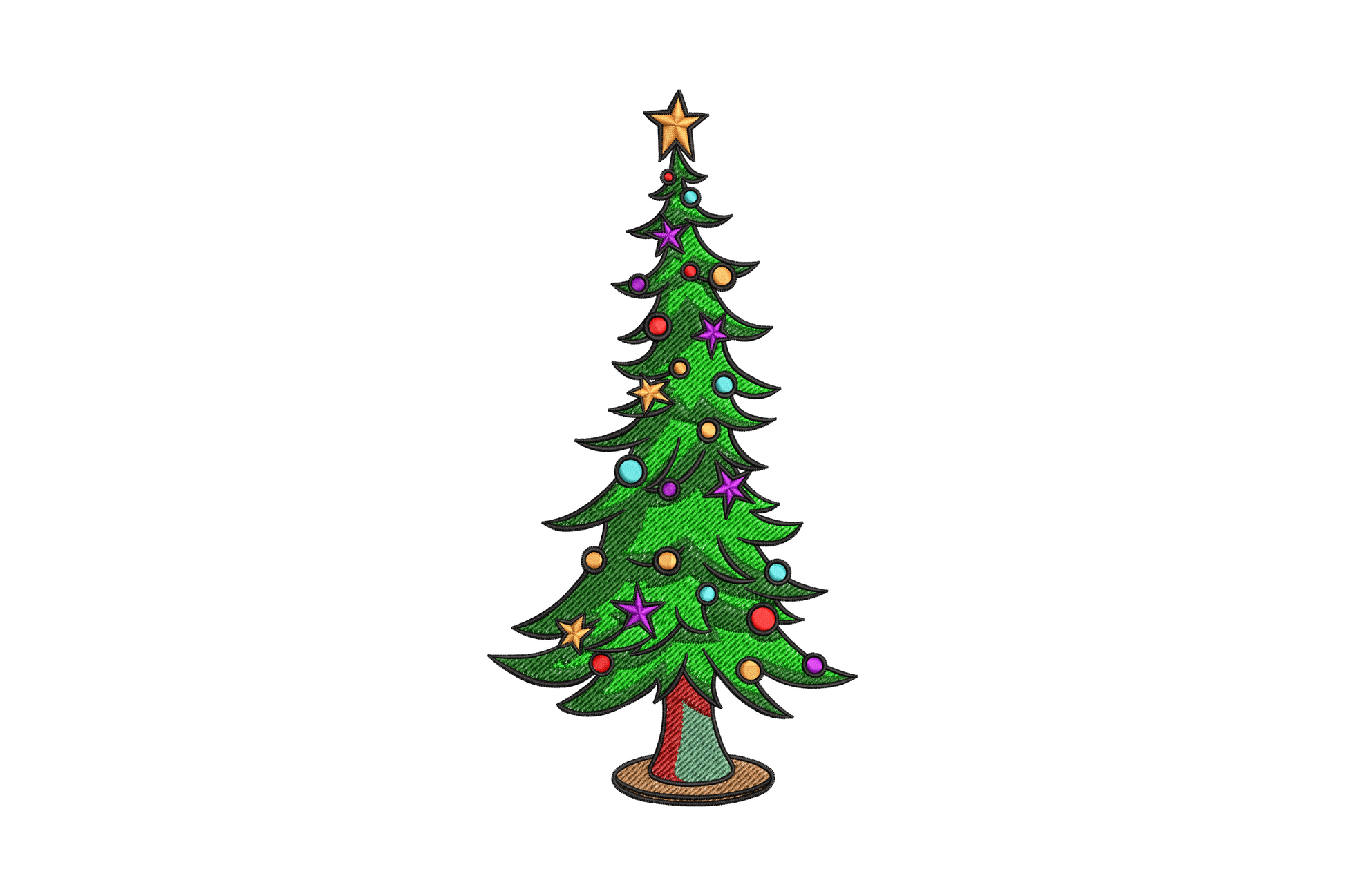 Festive ornamented Christmas tree embroidery, red blue gold and purple baubles, looping gold garland, star topper.