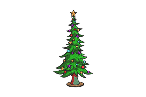 Festive ornamented Christmas tree embroidery, red blue gold and purple baubles, looping gold garland, star topper.