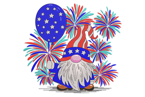 Patriotic gnome embroidery in stars-and-stripes hat with red, blue and aqua fireworks, fluffy white beard.