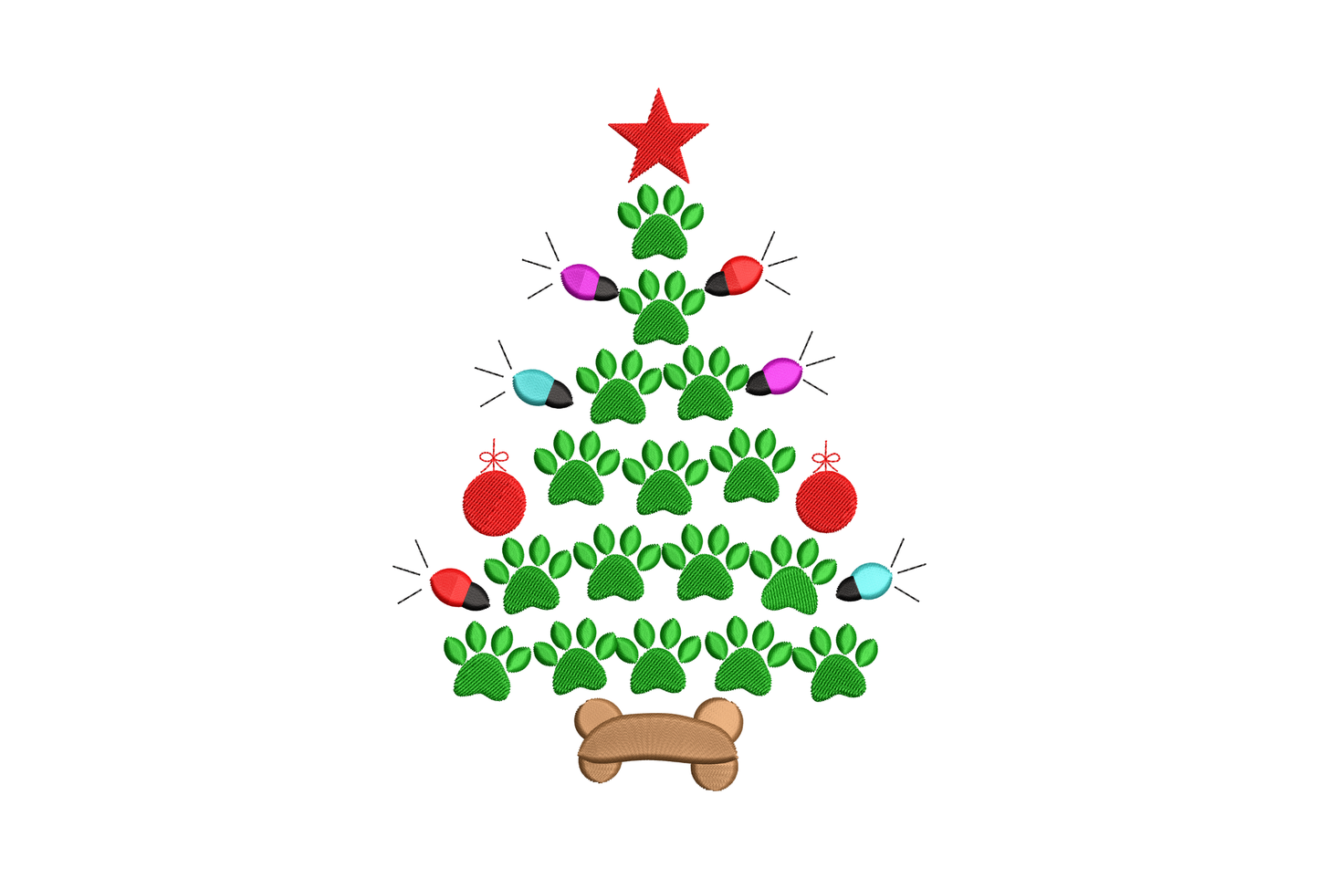 Festive paw print christmas tree embroidery, green paws in tree shape with lights, baubles and bone base, 5 sizes 6 colours