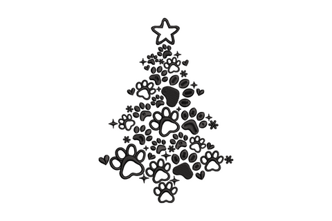 Festive paw print christmas tree embroidery design with dog paw prints stacked into a tree silhouette, satin fill at 636 density, single colour on fabric
