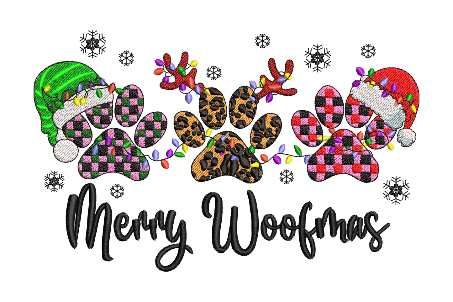 Festive paw prints christmas embroidery design, 15 colors with holiday reds greens and gold, 3 sizes from 3.5 to 4.7 inches, 30826 to 41490 stitches