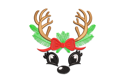 Reindeer antlers monogram embroidery with brown antlers green pine sprigs red bow and black silhouette ears.
