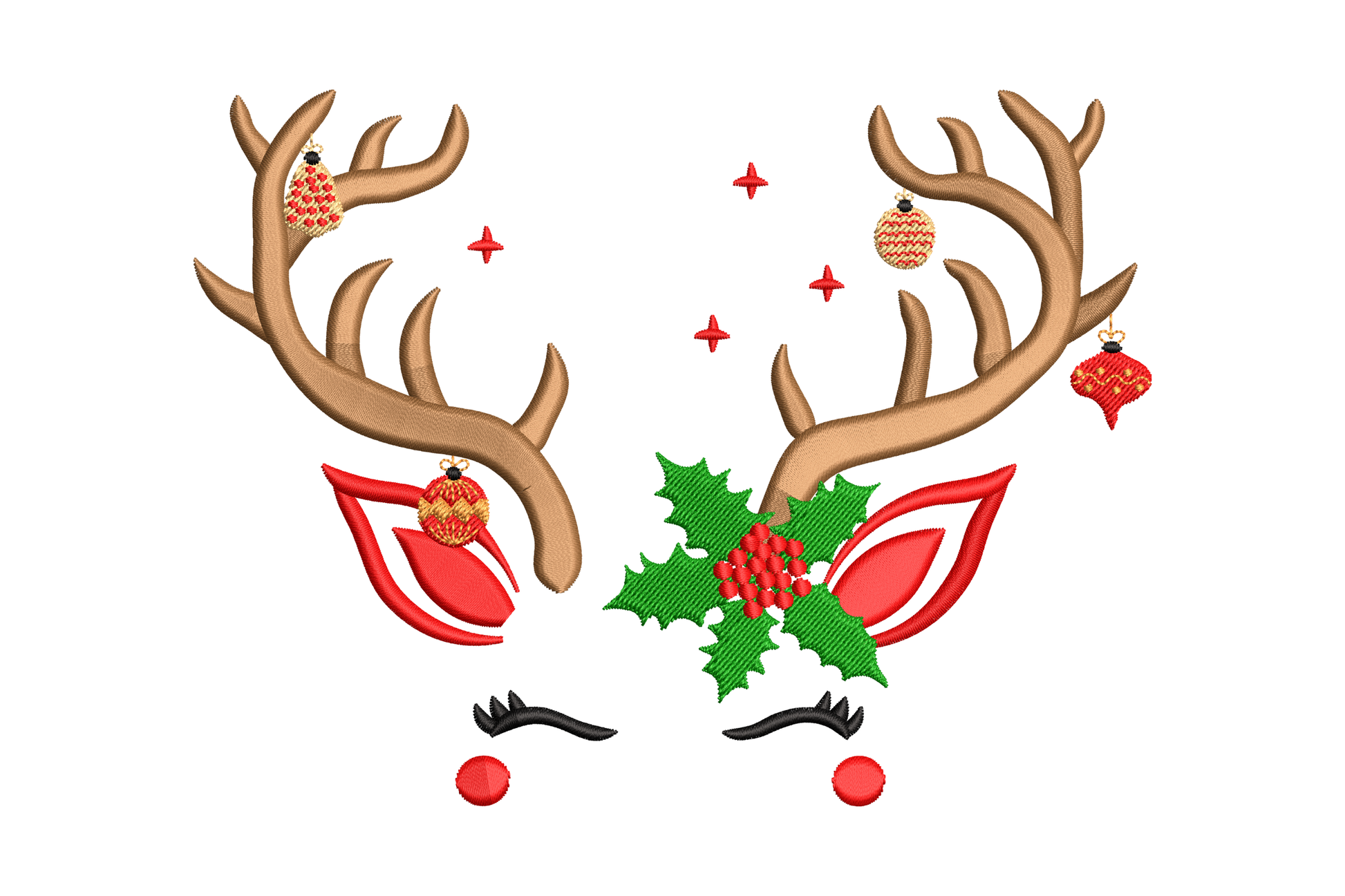 Festive reindeer face with antlers embroidery design, front-facing brown reindeer with red nose, wide branching antlers and round eyes, 7 colours
