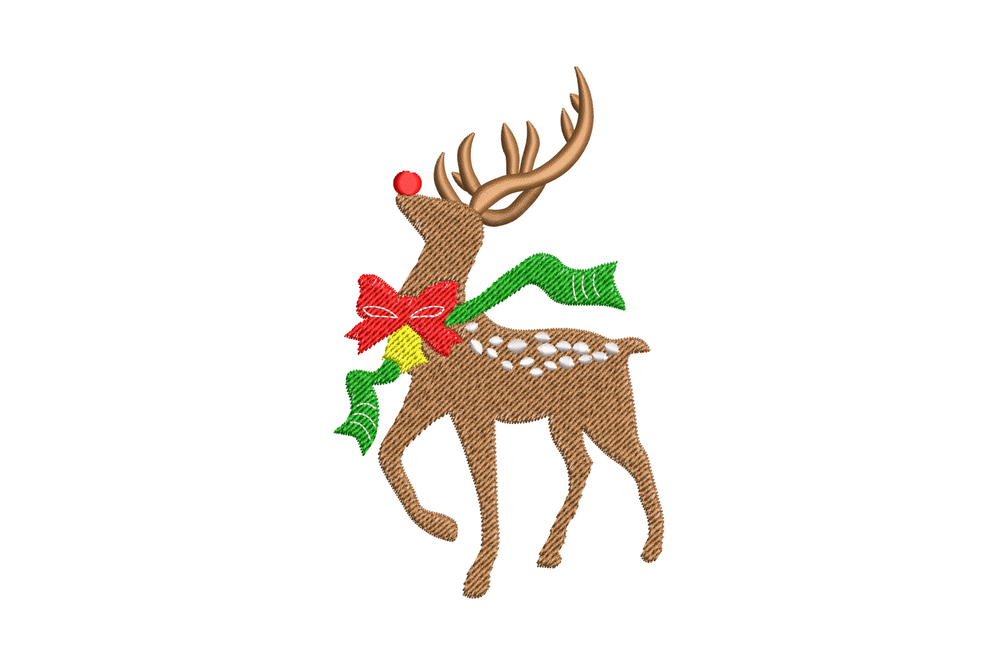 Festive reindeer embroidery design brown walking reindeer with red pompom nose green scarf and yellow jingle bell, 4 sizes