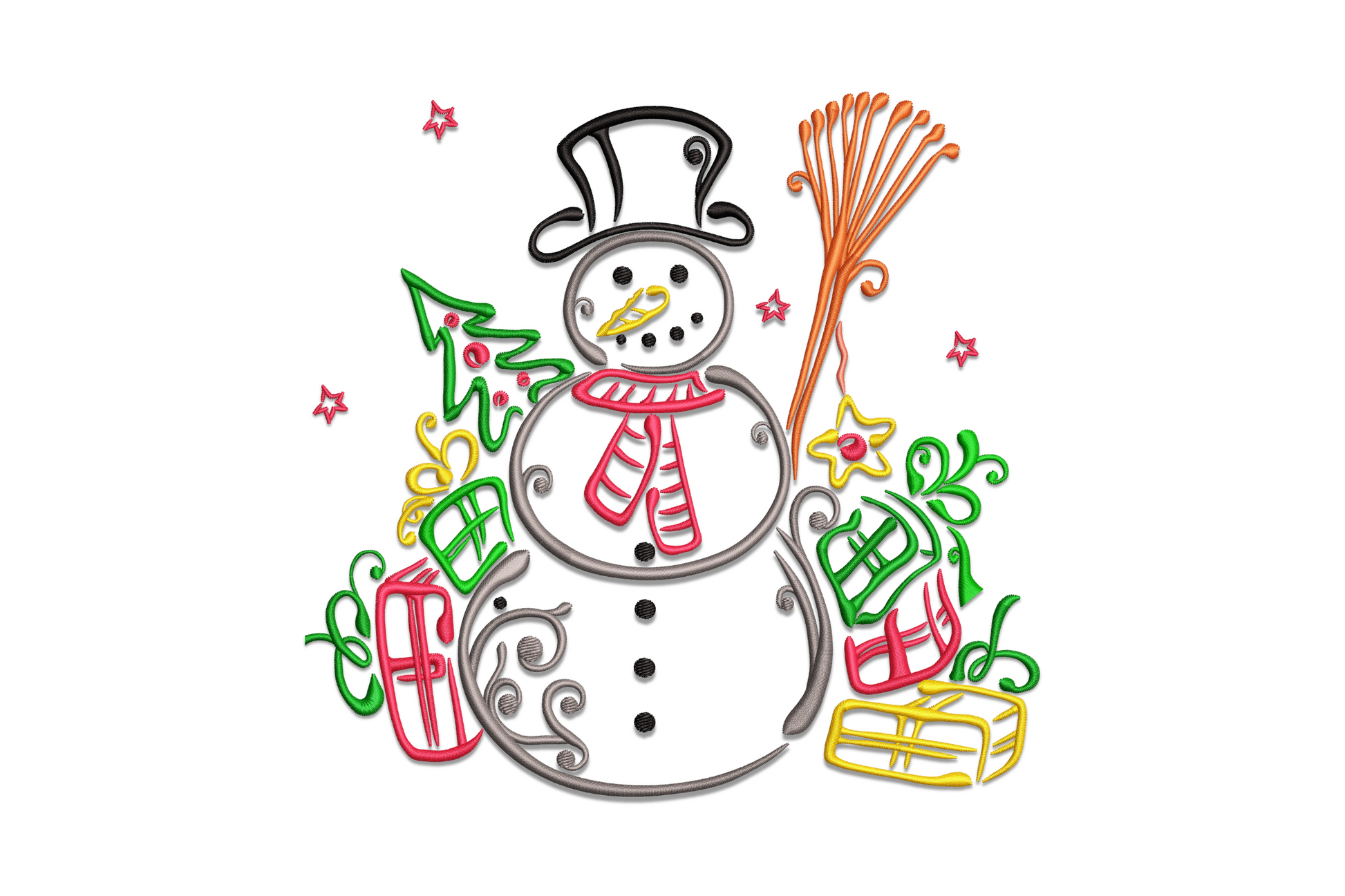 Festive snowman line art embroidery design with charcoal outline, red scarf, navy top hat, and clean minimalist line style.