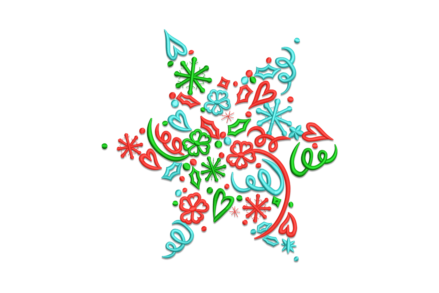 Festive Christmas star embroidery design with red, green and aqua thread colors, filled with scrollwork, flowers and snowflake motifs