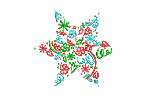 Festive Christmas star embroidery design with red, green and aqua thread colors, filled with scrollwork, flowers and snowflake motifs