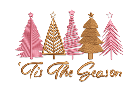 Festive 'Tis the Season' embroidery design with cherry red cursive script and sage holly sprig with ivory berries.