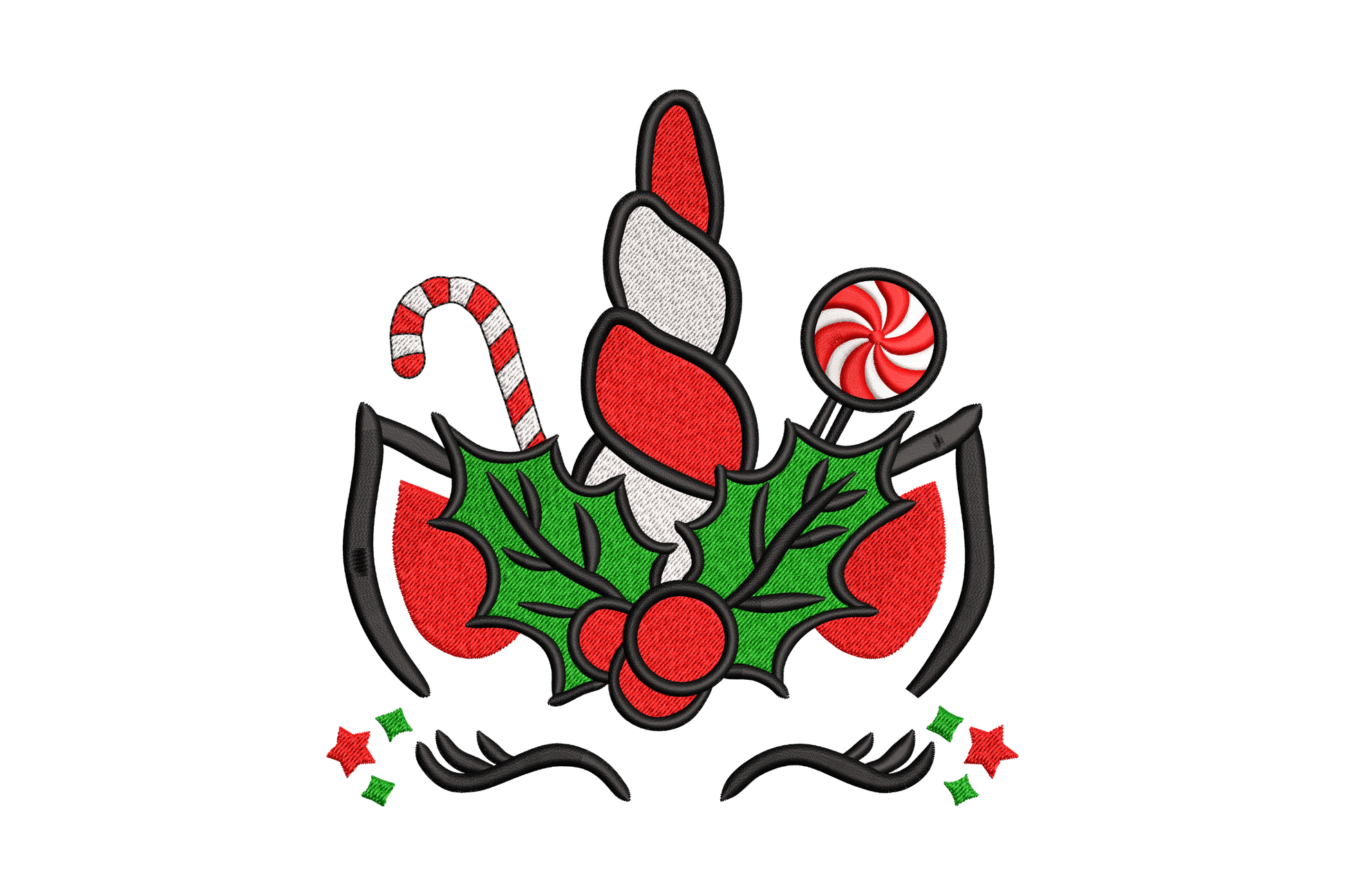 Festive unicorn candle christmas ornament embroidery with red candle holly leaves candy cane and peppermint swirl.