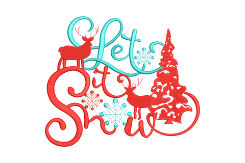 Let It Snow winter quote embroidery in aqua and red script with reindeer christmas tree silhouettes and snowflakes.