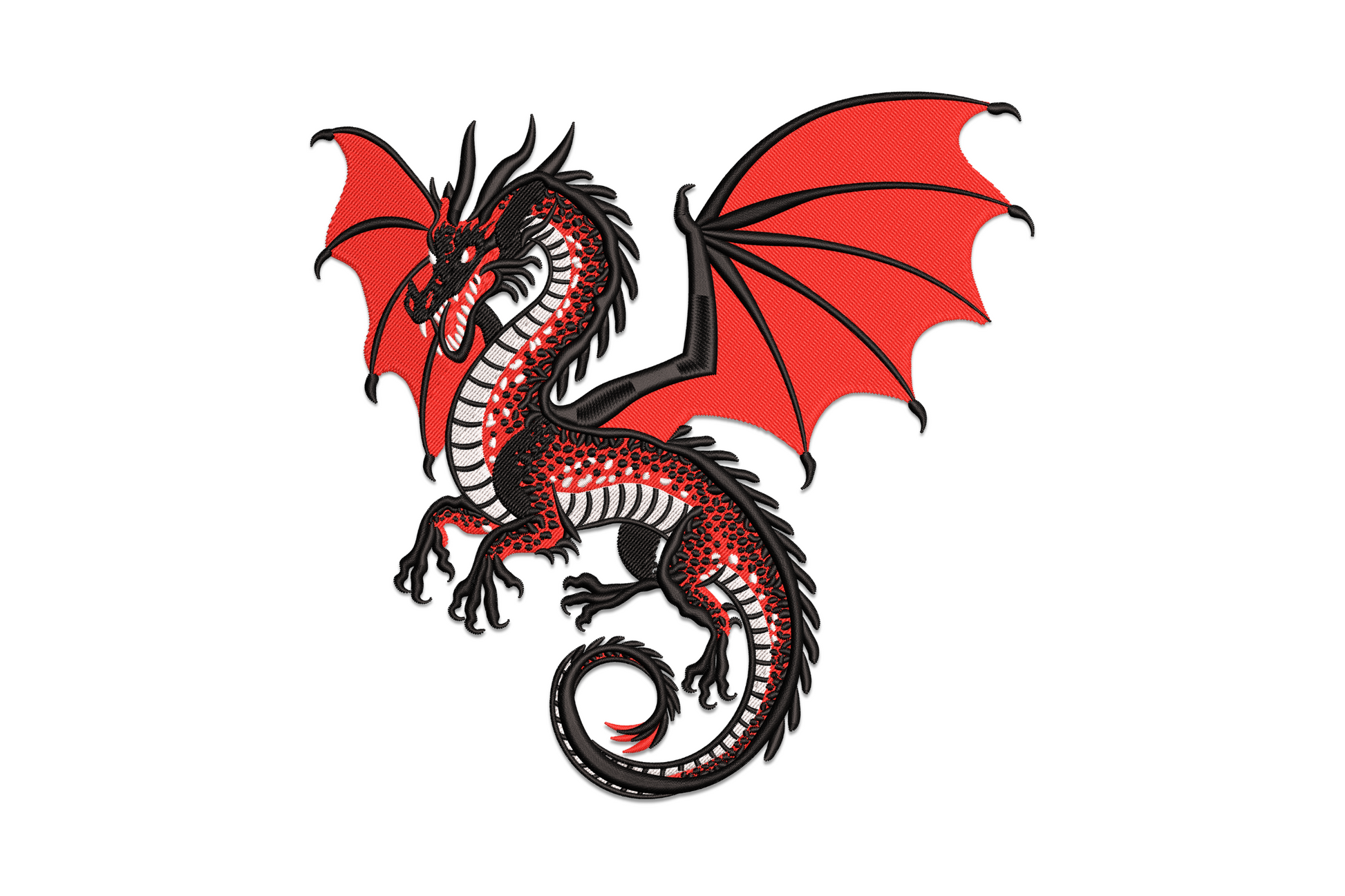 Fierce heraldic dragon embroidery design, full body with red wings spread and black outline on white ground, rearing posture.