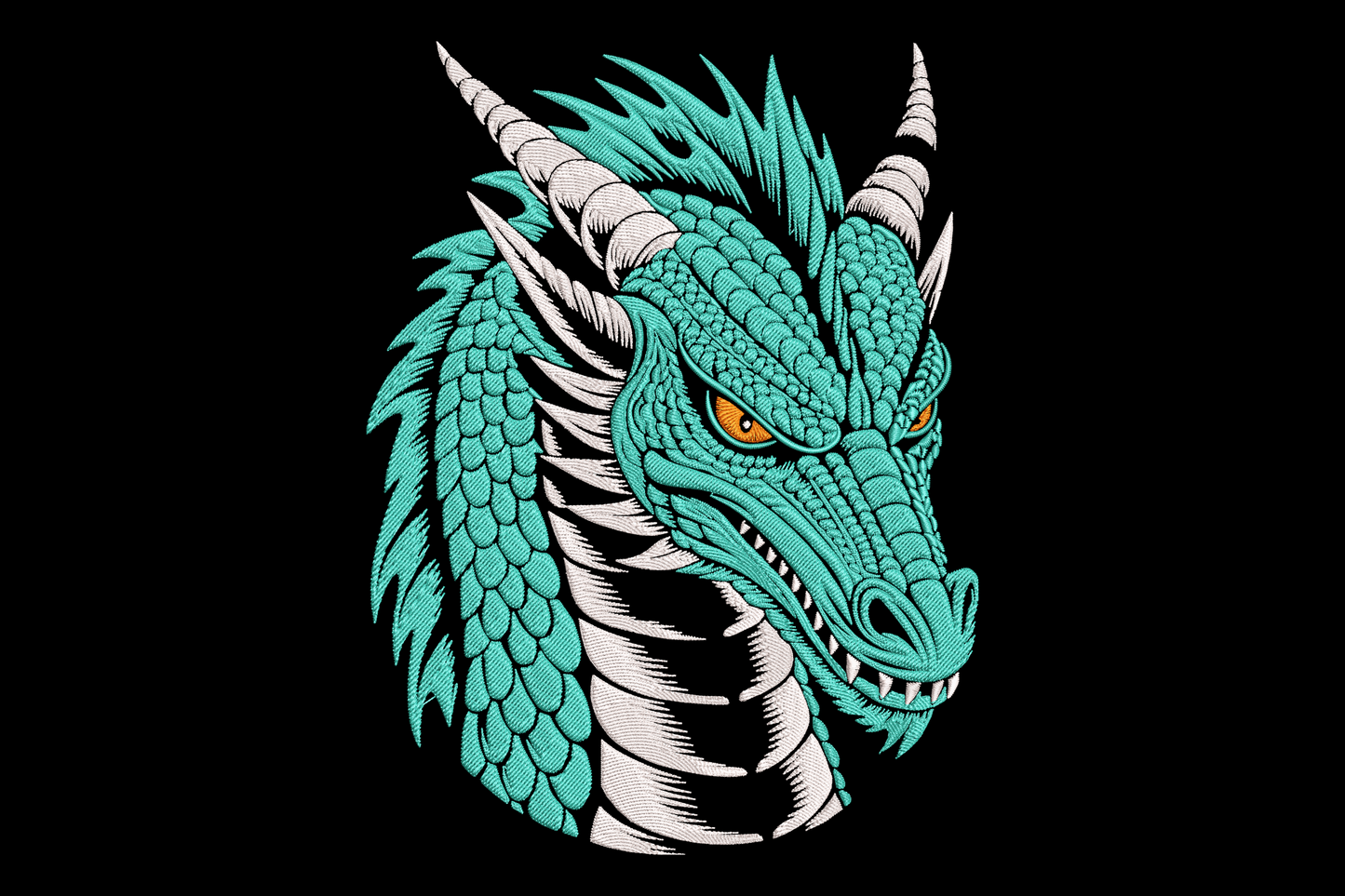 Fierce dragon head embroidery design in three-quarter profile, teal scales with white underlay and orange eyes, 3 colors