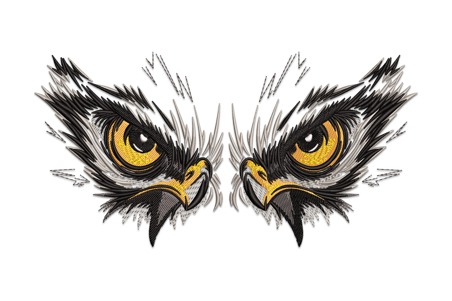 Fierce owl eyes embroidery design with orange irises, dark red rings, and spiked black feather brows on white background.