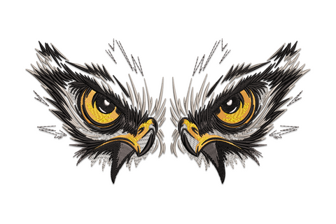 Fierce owl eyes embroidery design with orange irises, dark red rings, and spiked black feather brows on white background.