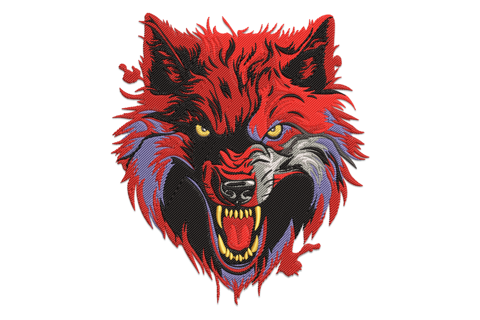 Fierce red wolf head embroidery facing forward, teeth bared, directional fur stitching in deep red, rust and charcoal, machine embroidery design on white background