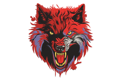Fierce red wolf head embroidery facing forward, teeth bared, directional fur stitching in deep red, rust and charcoal, machine embroidery design on white background