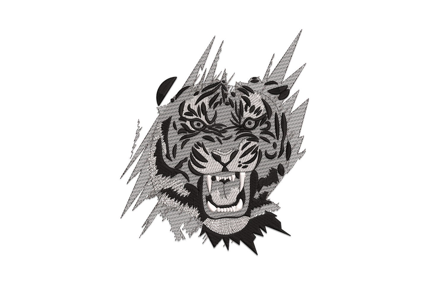 Fierce roaring tiger face embroidery design in burnt orange, black, and ivory with dense satin stripe fills