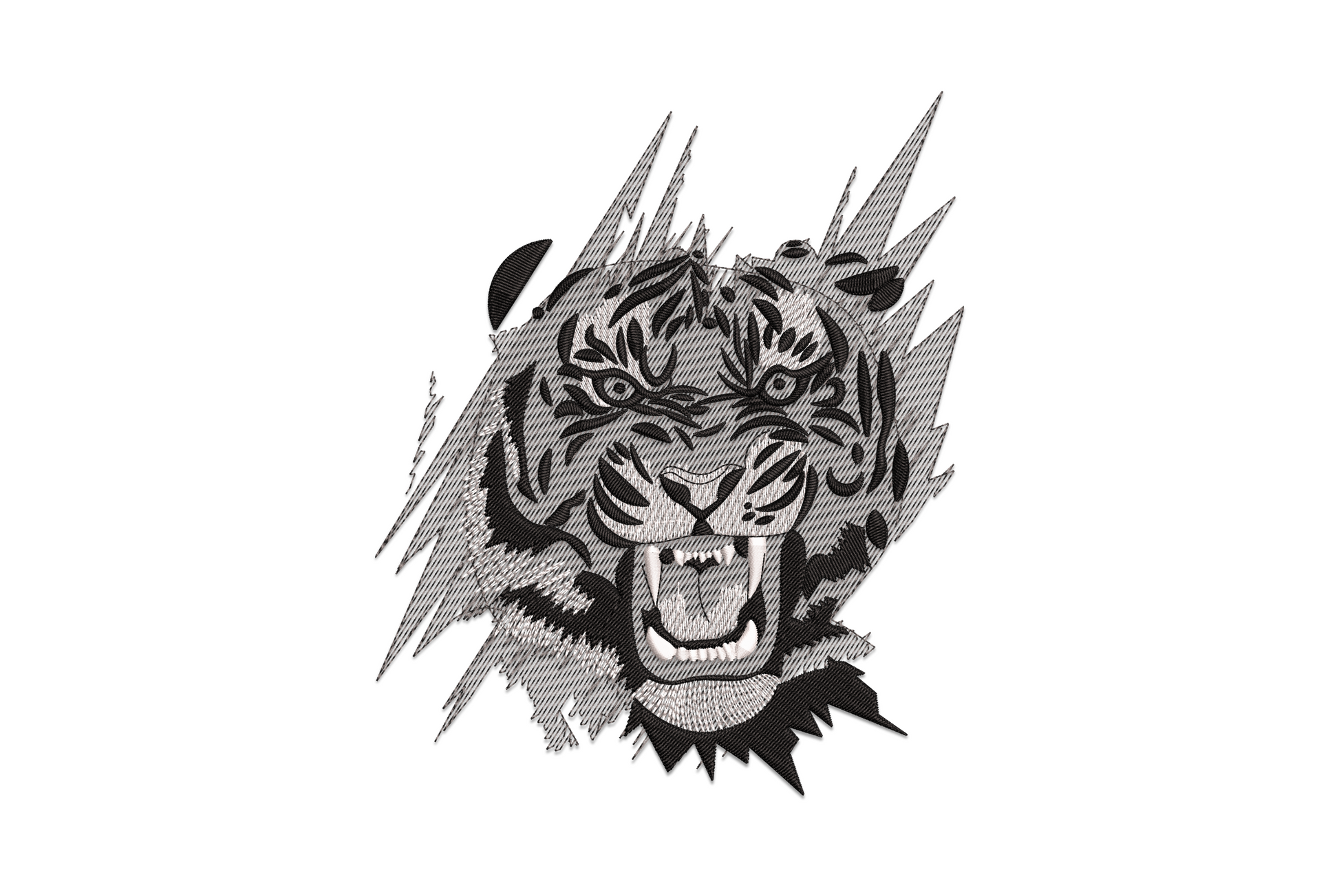Fierce roaring tiger face embroidery design in burnt orange, black, and ivory with dense satin stripe fills