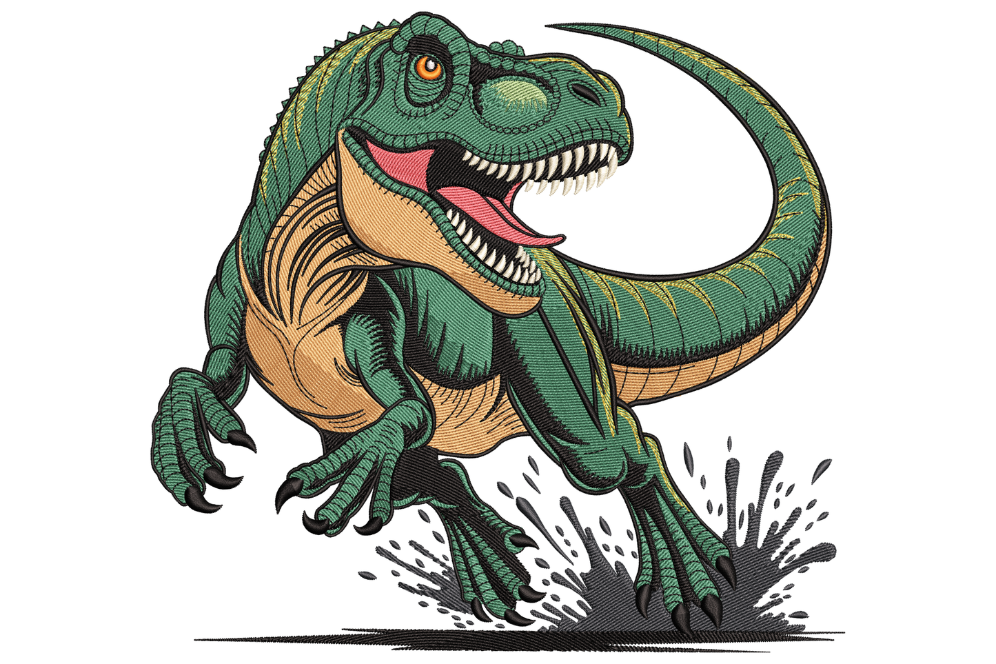 Fierce full-body T-rex embroidery design in forest green charging forward with open mouth and debris burst at feet, 9 sizes.