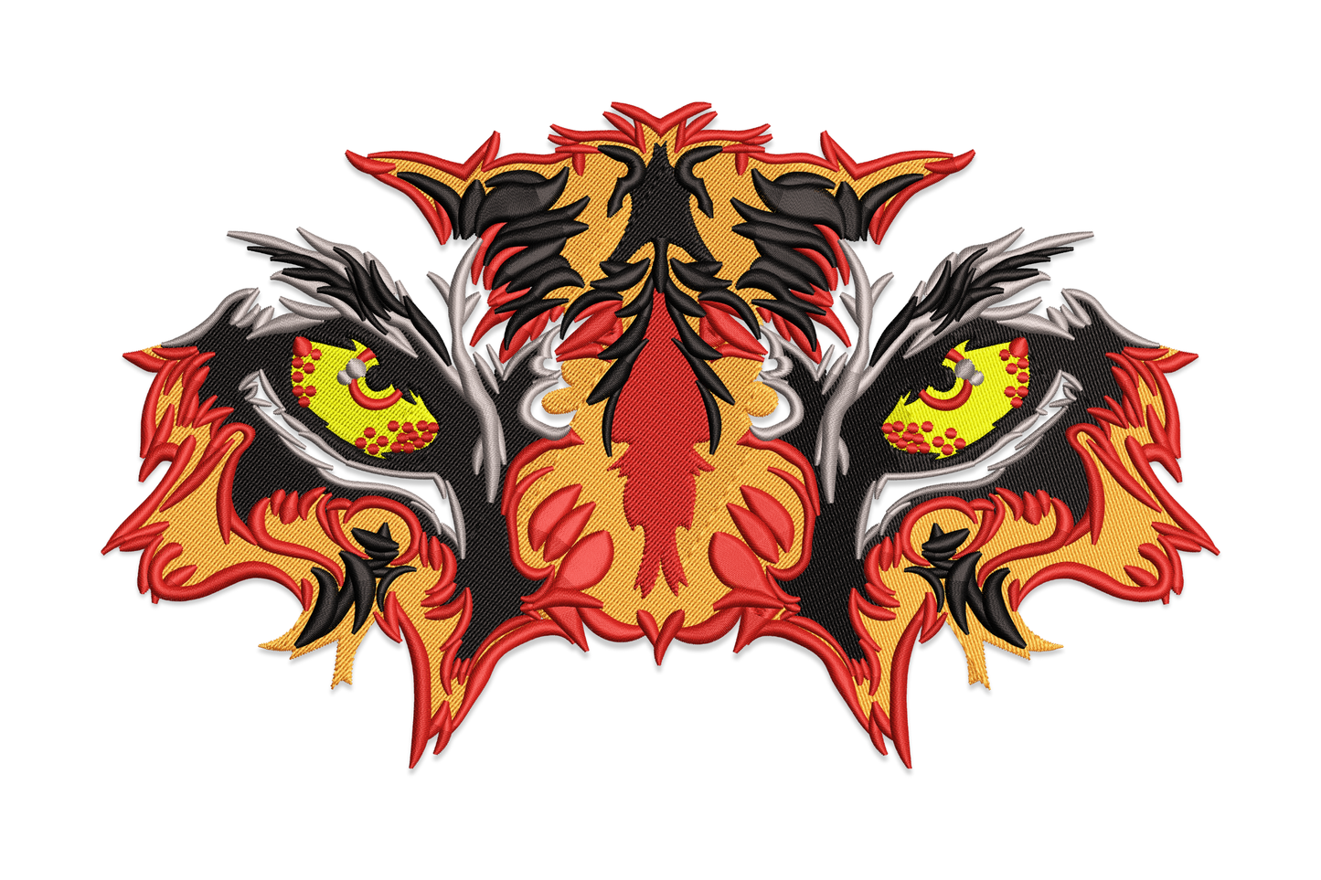 Fierce tiger eyes embroidery with flame-burst fur surround in orange, red and black, yellow-green irises staring forward.