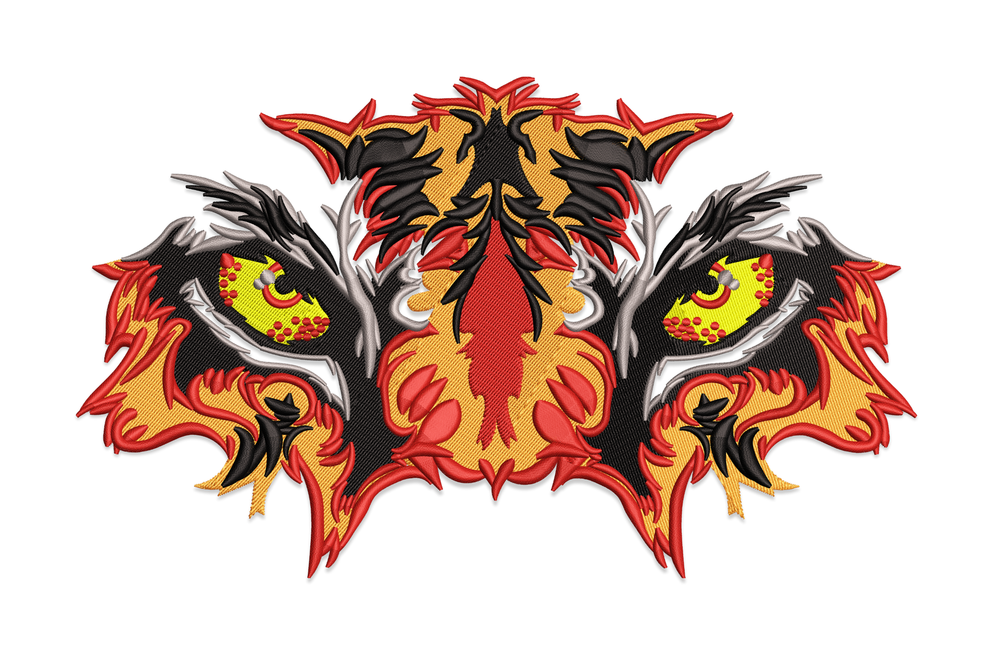 Fierce tiger eyes embroidery with flame-burst fur surround in orange, red and black, yellow-green irises staring forward.
