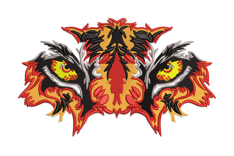 Fierce tiger eyes embroidery with flame-burst fur surround in orange, red and black, yellow-green irises staring forward.
