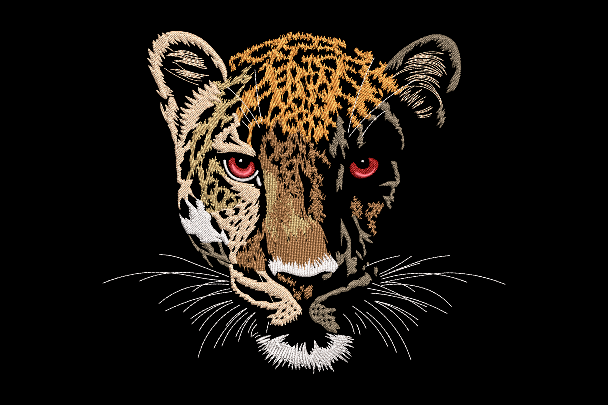 Fierce tiger face embroidery design on canvas tote, directional satin fur in tangerine and brown with garnet red eyes and long whiskers.