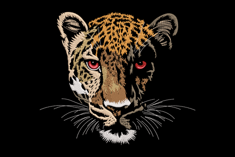 Fierce tiger face embroidery design on canvas tote, directional satin fur in tangerine and brown with garnet red eyes and long whiskers.