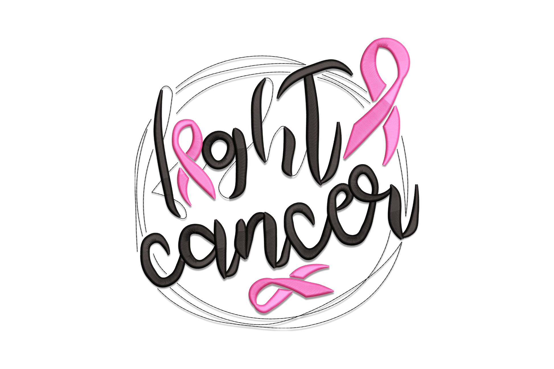 Fight cancer embroidery, bold black script in a hand-drawn circle with pink awareness ribbons woven into the lettering.