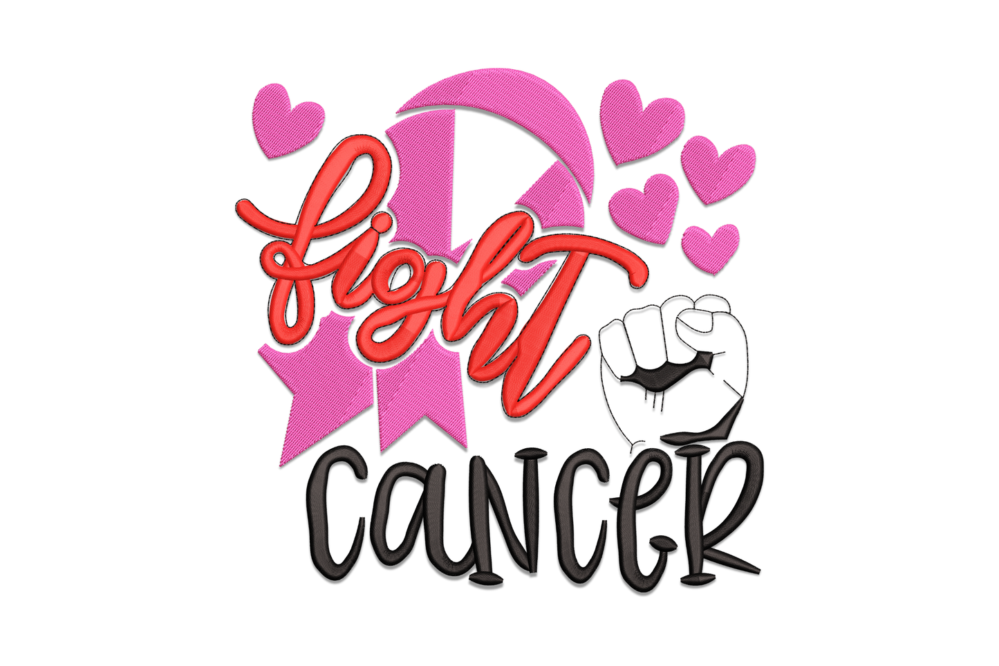 Machine embroidery design with bold fight cancer lettering and pink awareness ribbon, 3 colours, 5 sizes from 3.48 to 7.45 inches wide for breast cancer awareness projects