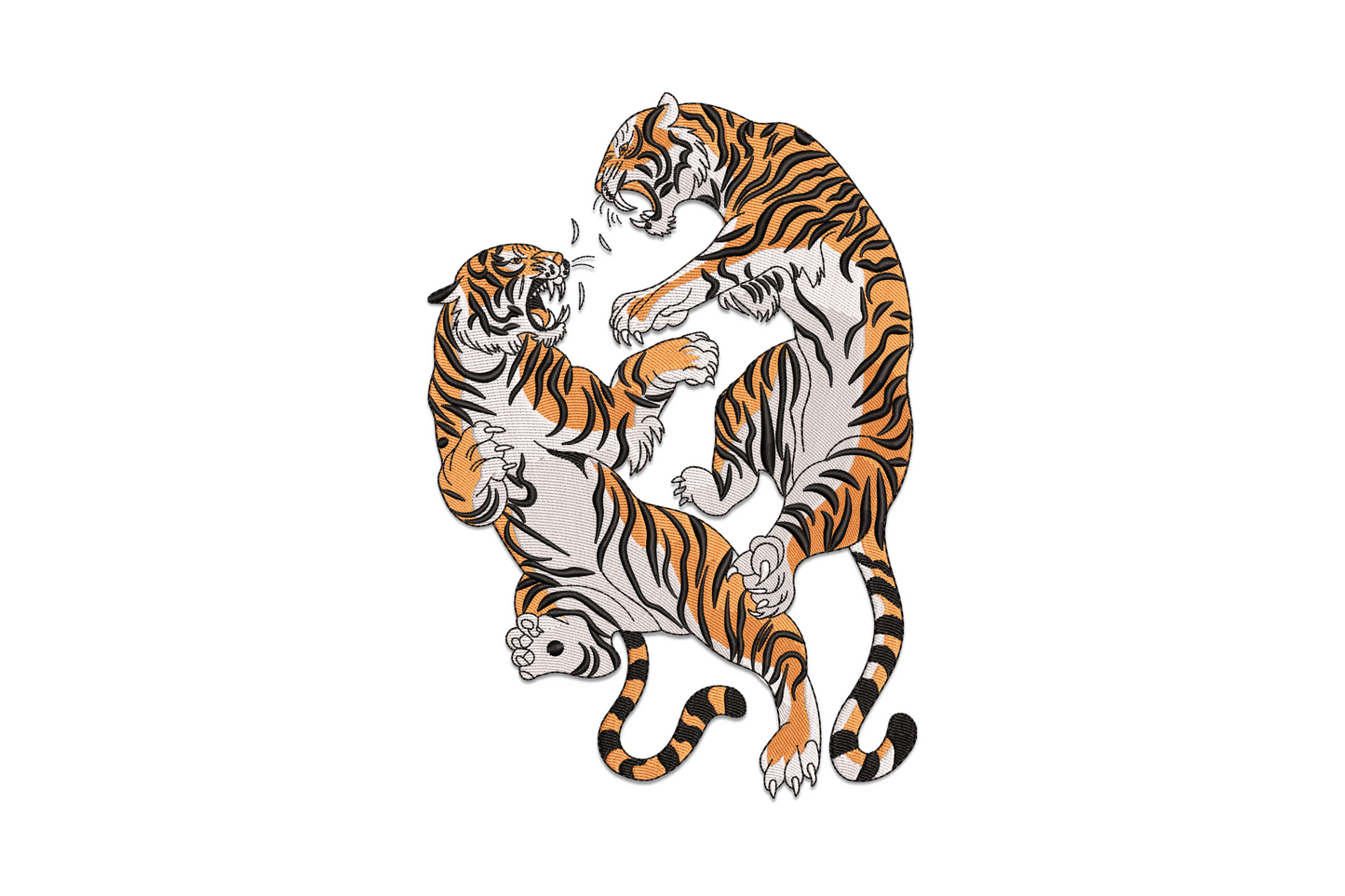 Two Bengal tigers fighting embroidery design, coiling bodies and bared claws in traditional tattoo style, orange, white and black.