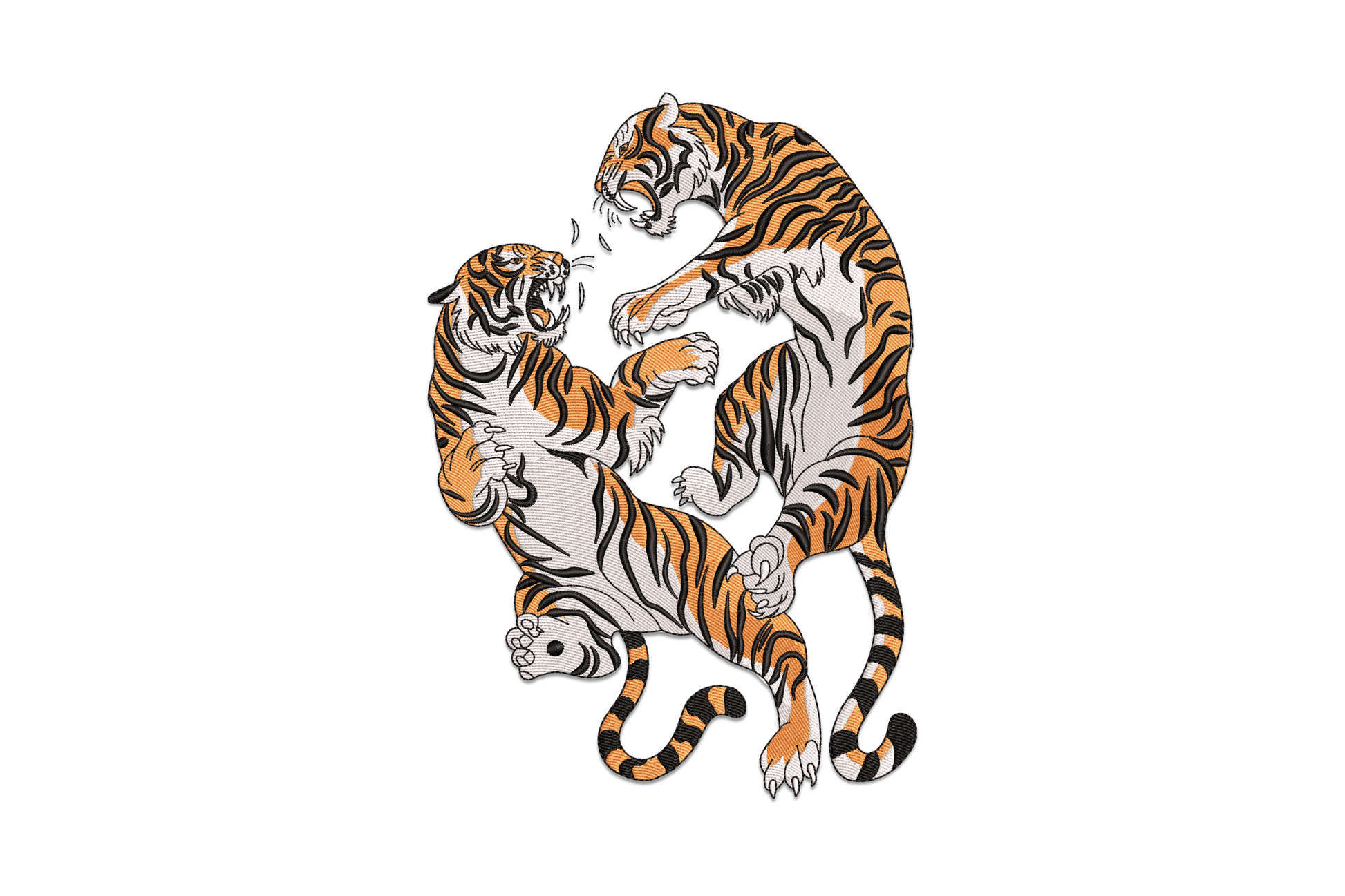 Two Bengal tigers fighting embroidery design, coiling bodies and bared claws in traditional tattoo style, orange, white and black.
