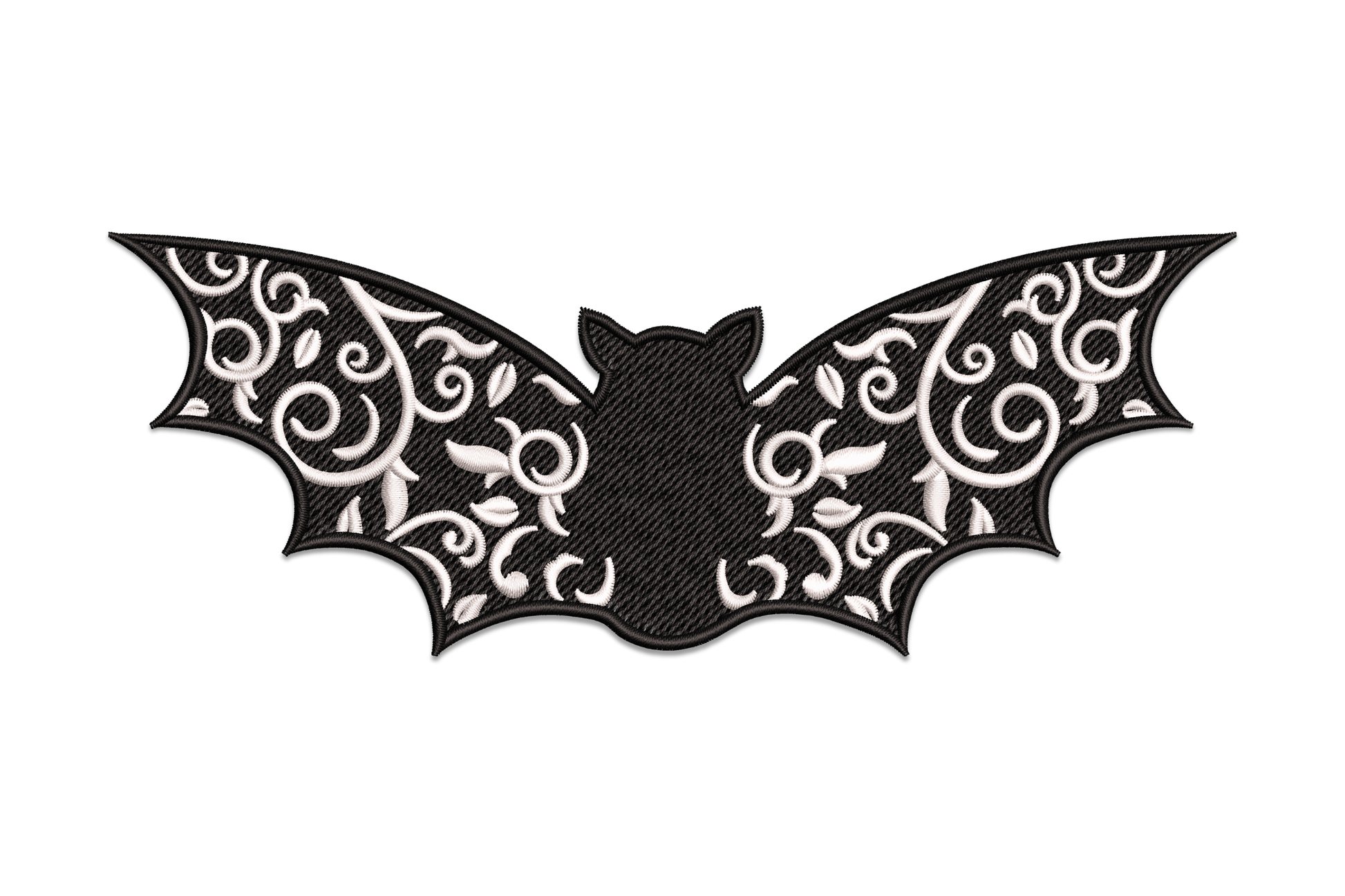 Filigree bat embroidery design with white lace scrollwork on dense black tatami wings, gothic Victorian ornamental style.