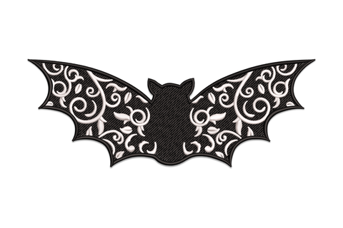Filigree bat embroidery design with white lace scrollwork on dense black tatami wings, gothic Victorian ornamental style.