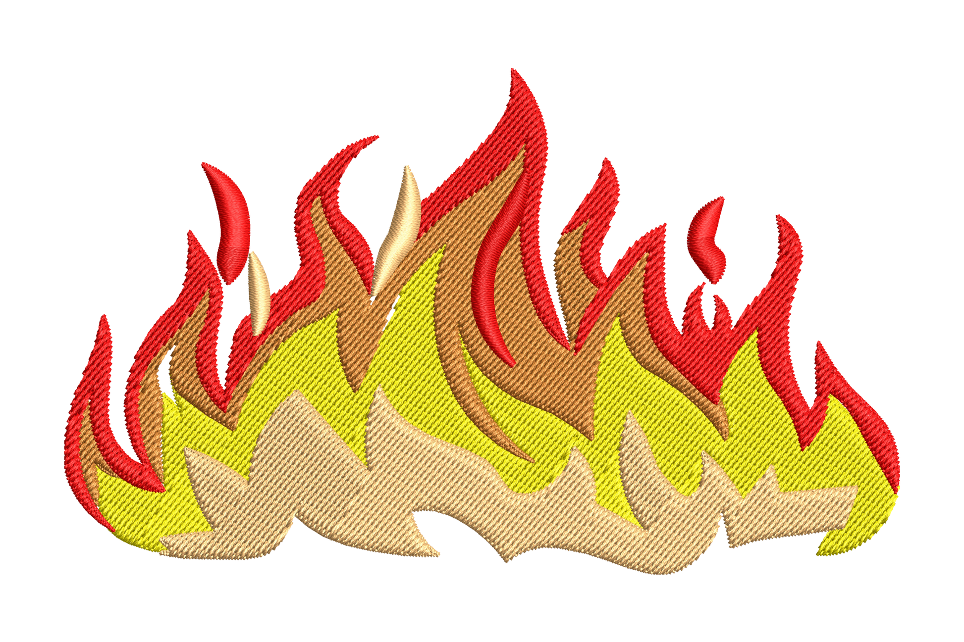 Wide fire flame embroidery with red tongues, yellow body, brown wood logs and sand cream highlights, low burning.