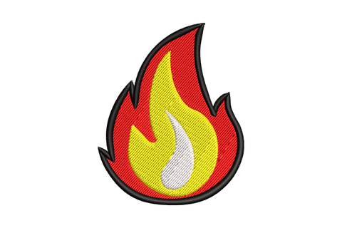 Bold flame patch with thick black outline, red outer layer, yellow inner body and a small white highlight teardrop.