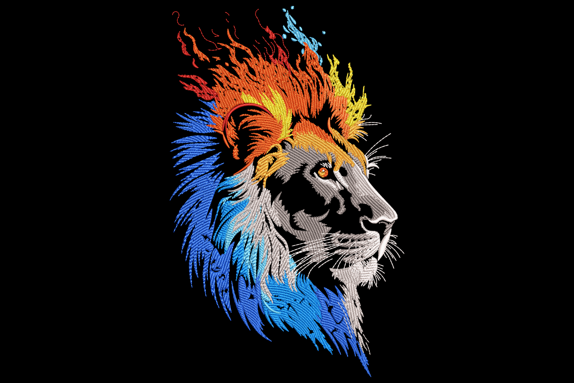 Fire and ice lion head embroidery, orange flame mane on top half, icy blue shard mane on bottom, white face on black.