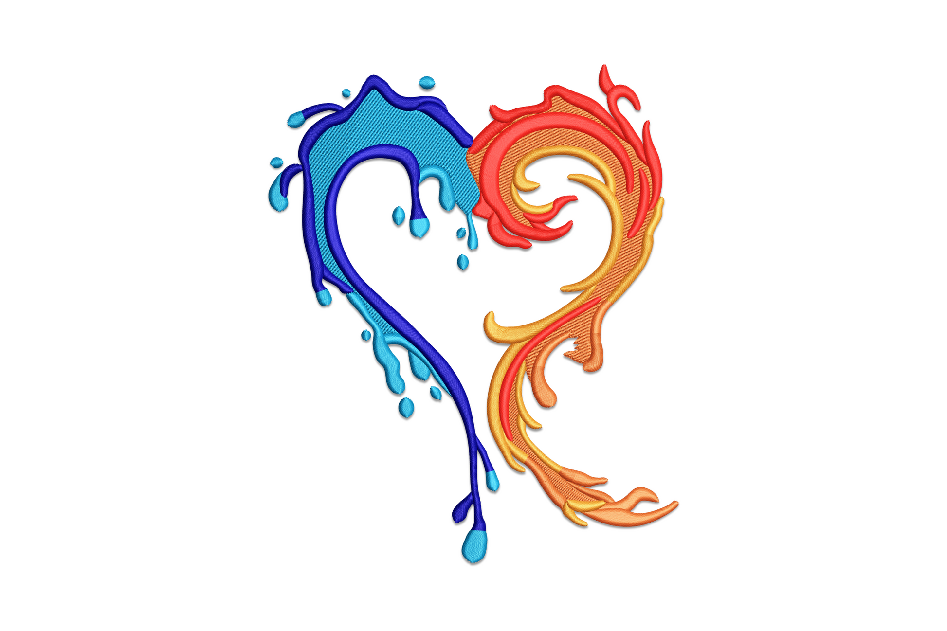 Fire and water heart embroidery design with cobalt blue water splash and droplets on the left half and orange-red flame curls on the right half, meeting at the centre with no hard outline.