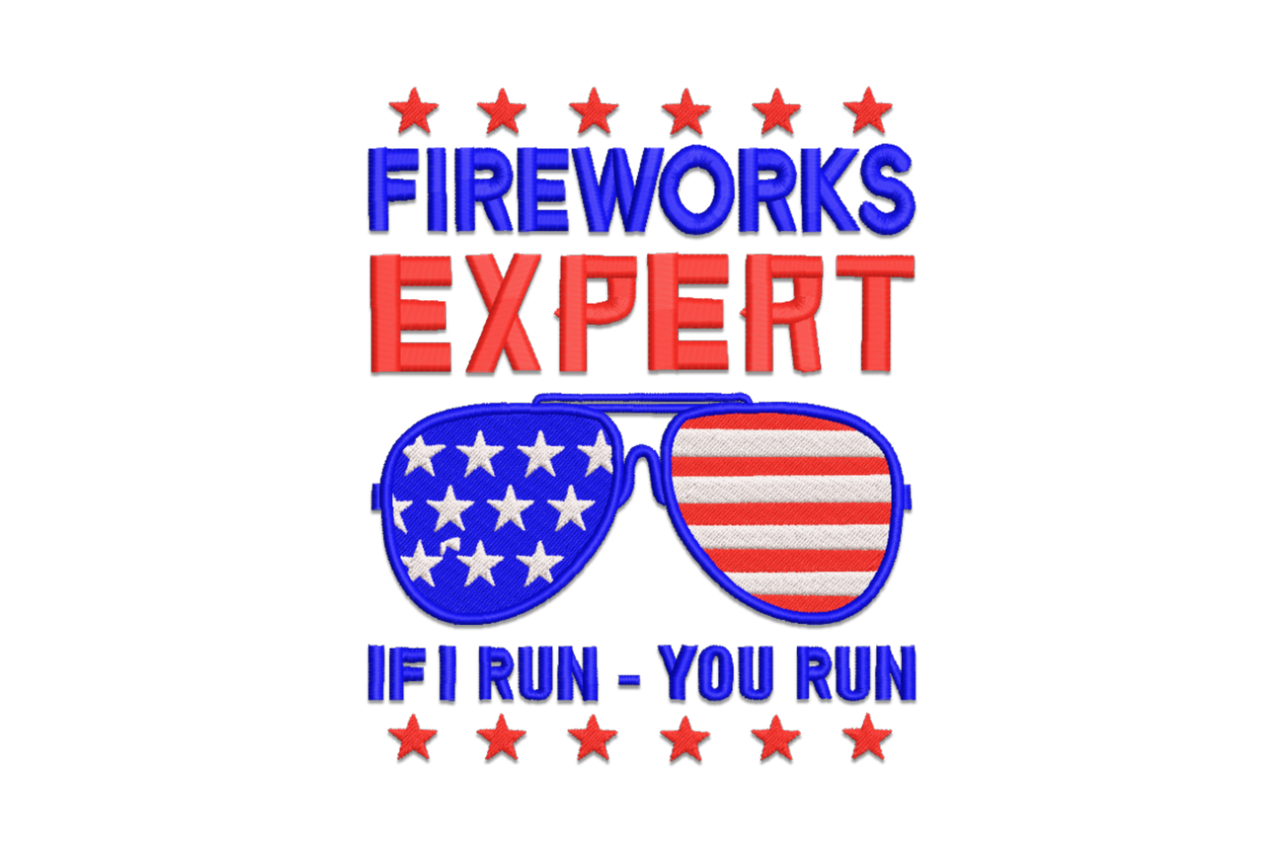 Fireworks expert quote embroidery design with bold red and navy lettering and a small fireworks burst graphic accent, 3 colours.