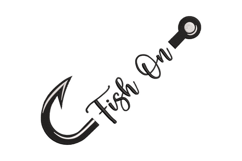 Machine embroidery Fish On cursive text integrated with a large diagonal fishing hook in black and grey on white background